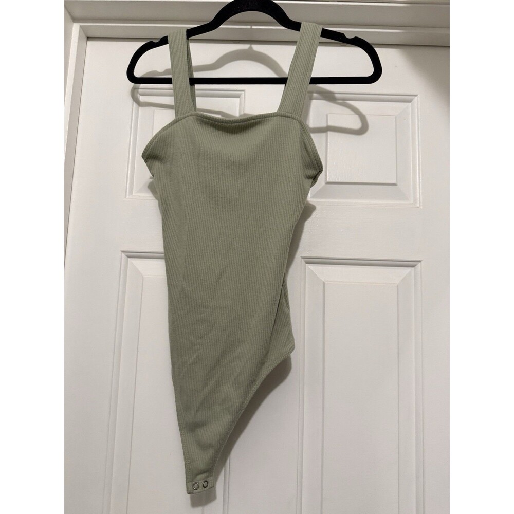 American Eagle Green Ribbed Square Neck Thong Bodysuit Size M Cottagecore